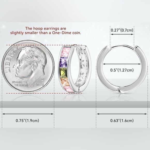 14K White Gold with Multicolored Cubic Zirconia Princess Cut Huggie Earrings - Picture 3 of 5